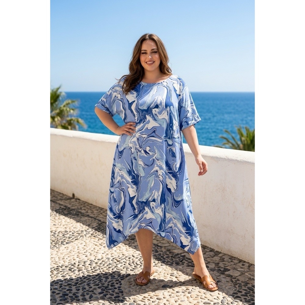 Chico's‎ Midi Dress Wedge Painted Stone Blue Veil